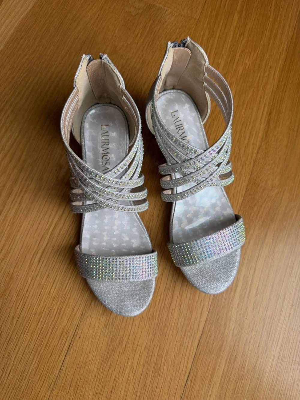 Girls Silver Rhinestone Strappy Low Heel Dress Sandals